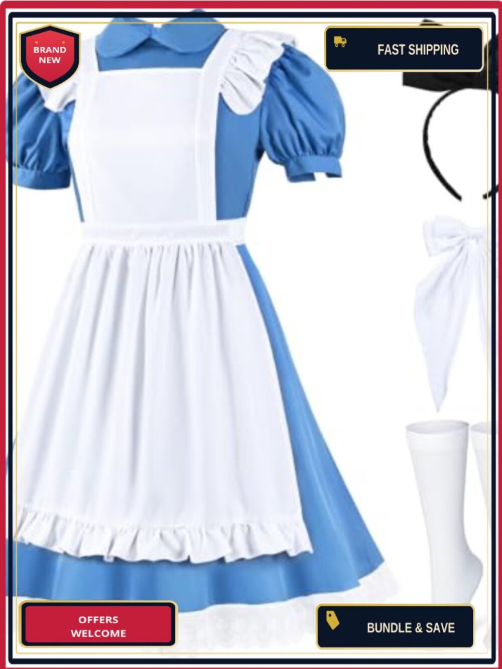 5-Piece Princess Costume Set Puff Sleeve Dress with Apron Cosplay
